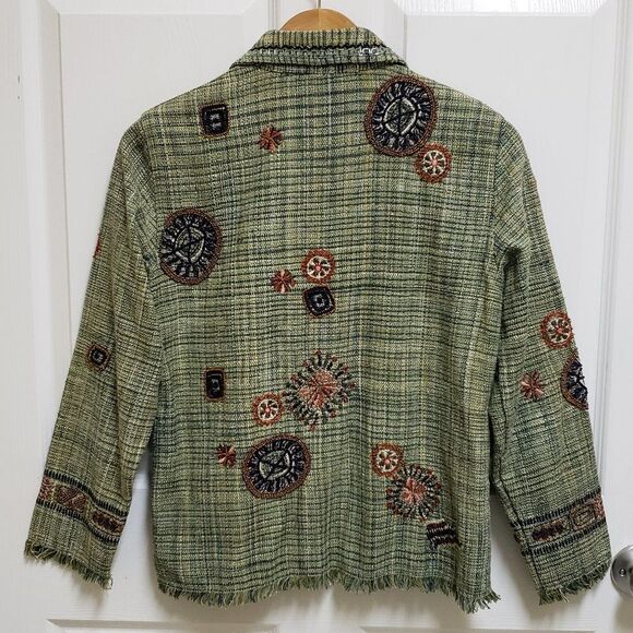 Chico's Blazer Women S Green Plaid Geometric Embellished Button Embroidered Boho - Picture 2 of 14